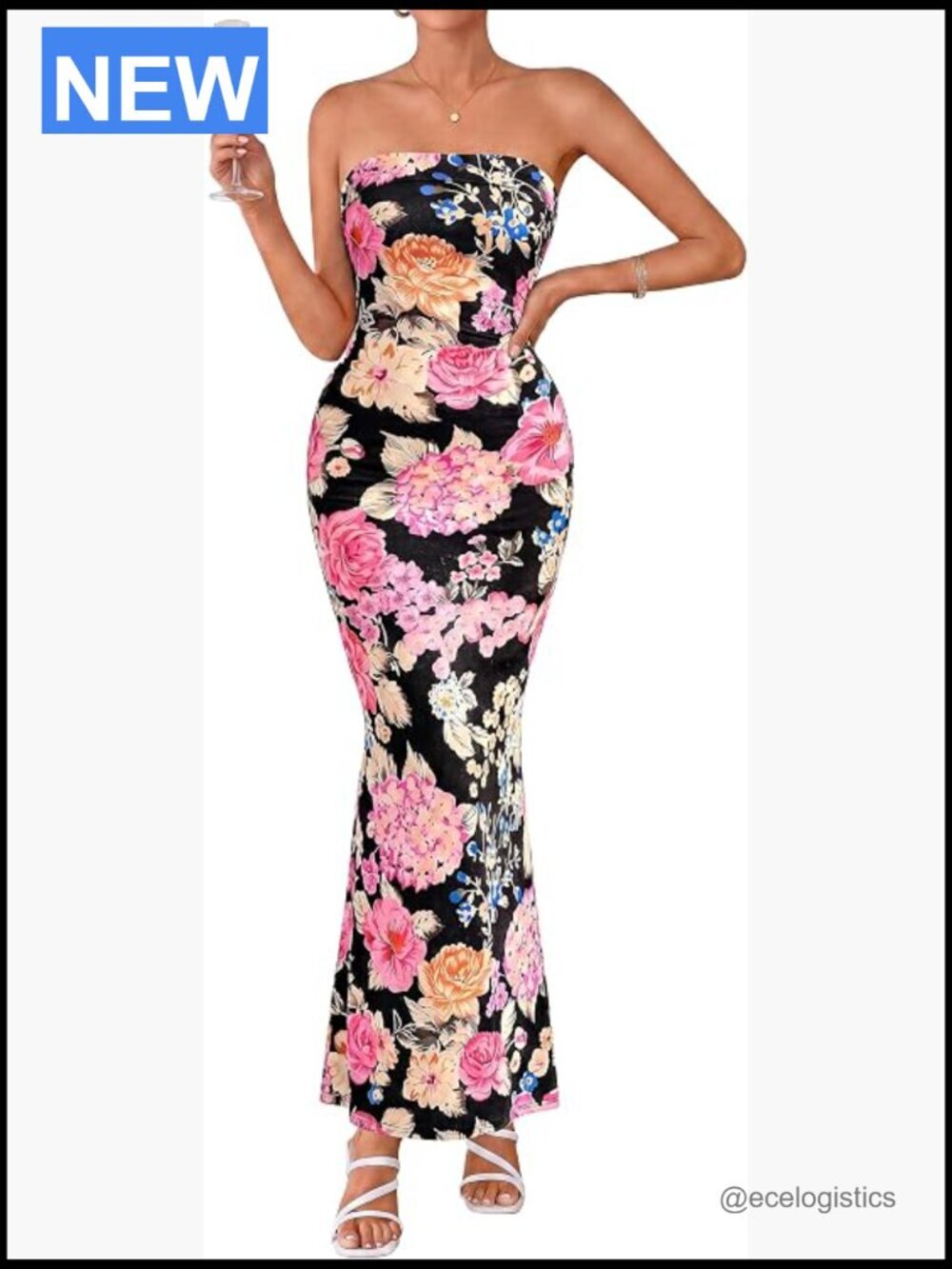 Strapless Floral Maxi Dress Bodycon Tube Top Back Slit